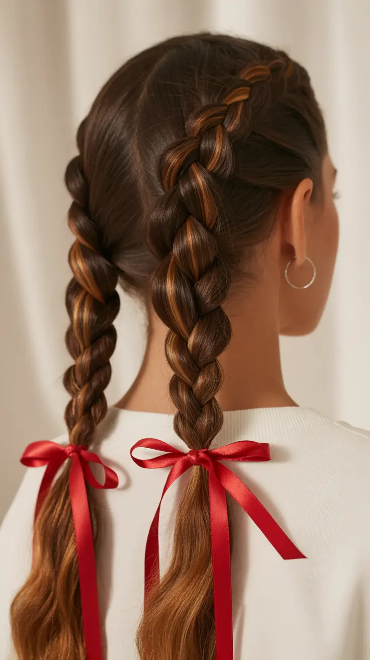 Christmas Hairstyles Trends 2025 - Classic Twin Braids with Red Satin Bows