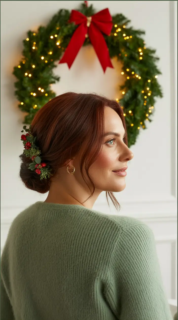 Christmas Hairstyles Trends 2025 - Holly-Adorned Low Chignon with Soft Face Frames