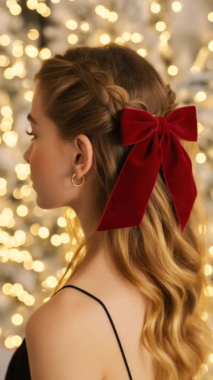 Christmas Hairstyles Trends 2025 - Side Braid Half-Up with Velvet Bow and Loose Waves