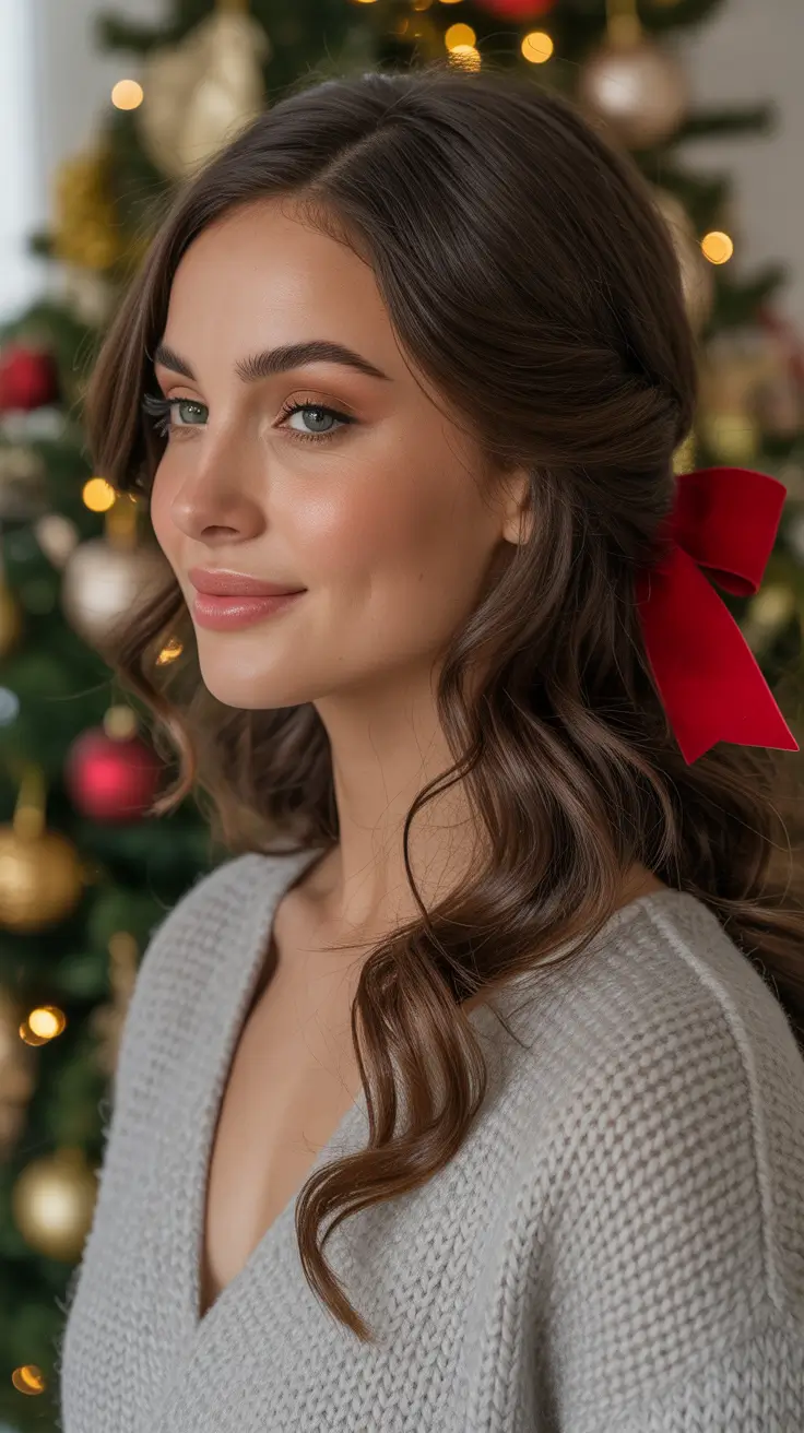Christmas Hairstyles Trends 2025 - Soft Half-Up Waves with Classic Scarlet Bow