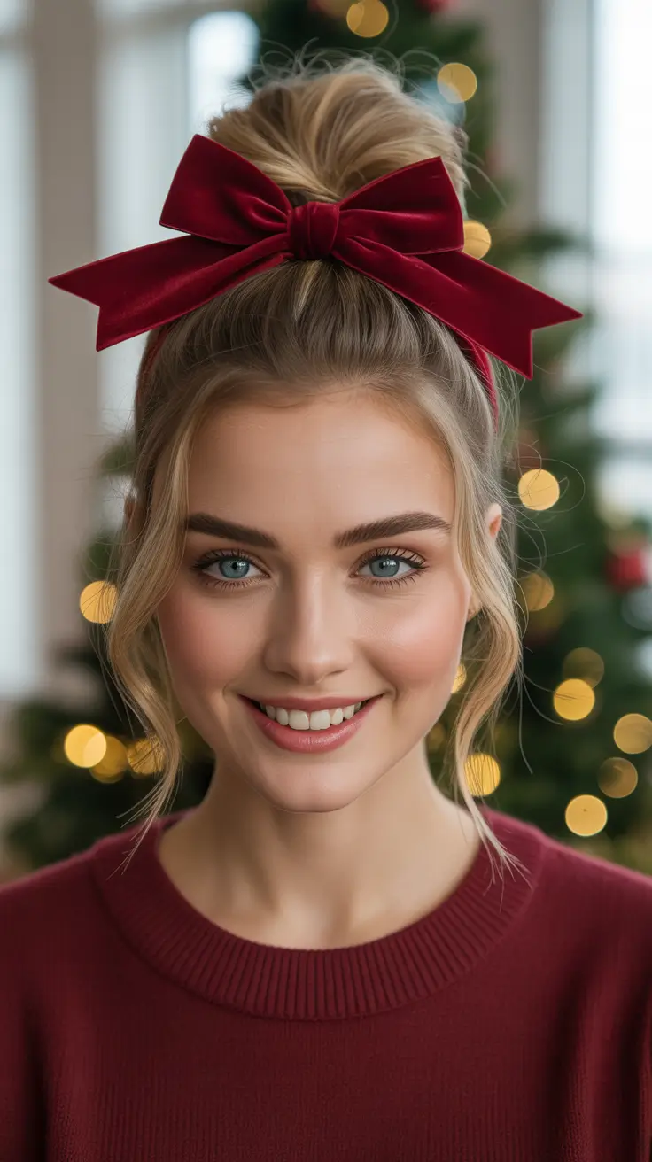 Christmas Hairstyles Trends 2025 - Festive Topknot with Oversized Velvet Bow