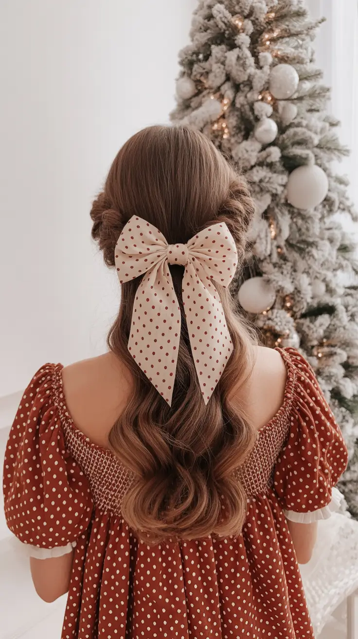 Christmas Hairstyles Trends 2025 - Polka-Dot Bow Half-Up Waves