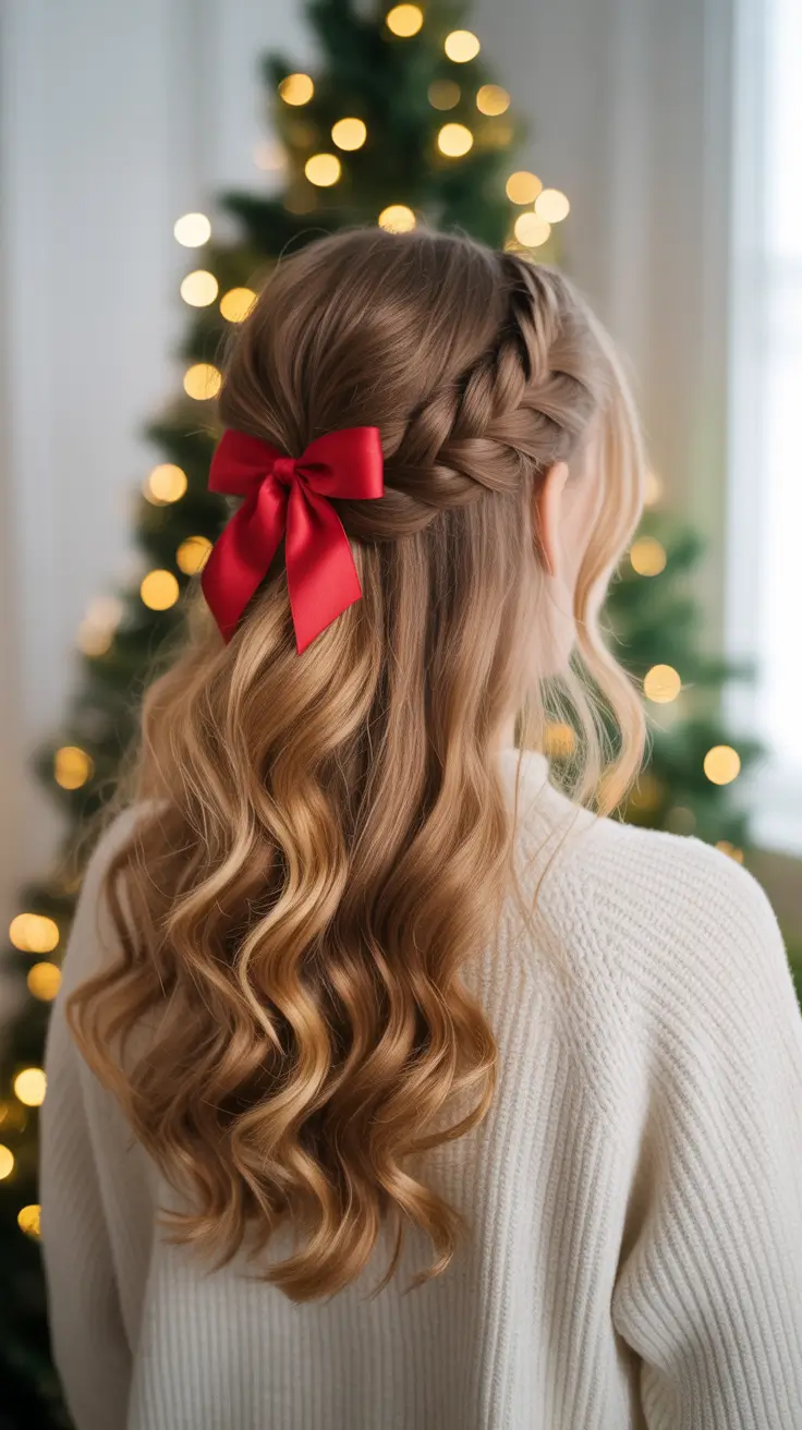 Christmas Hairstyles Trends 2025 - Side-Braided Half-Up With Red Velvet Bow
