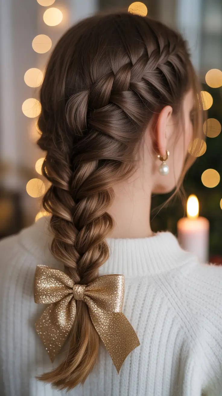 Christmas Hairstyles Trends 2025 - Classic French Braid With Metallic Bow Finish
