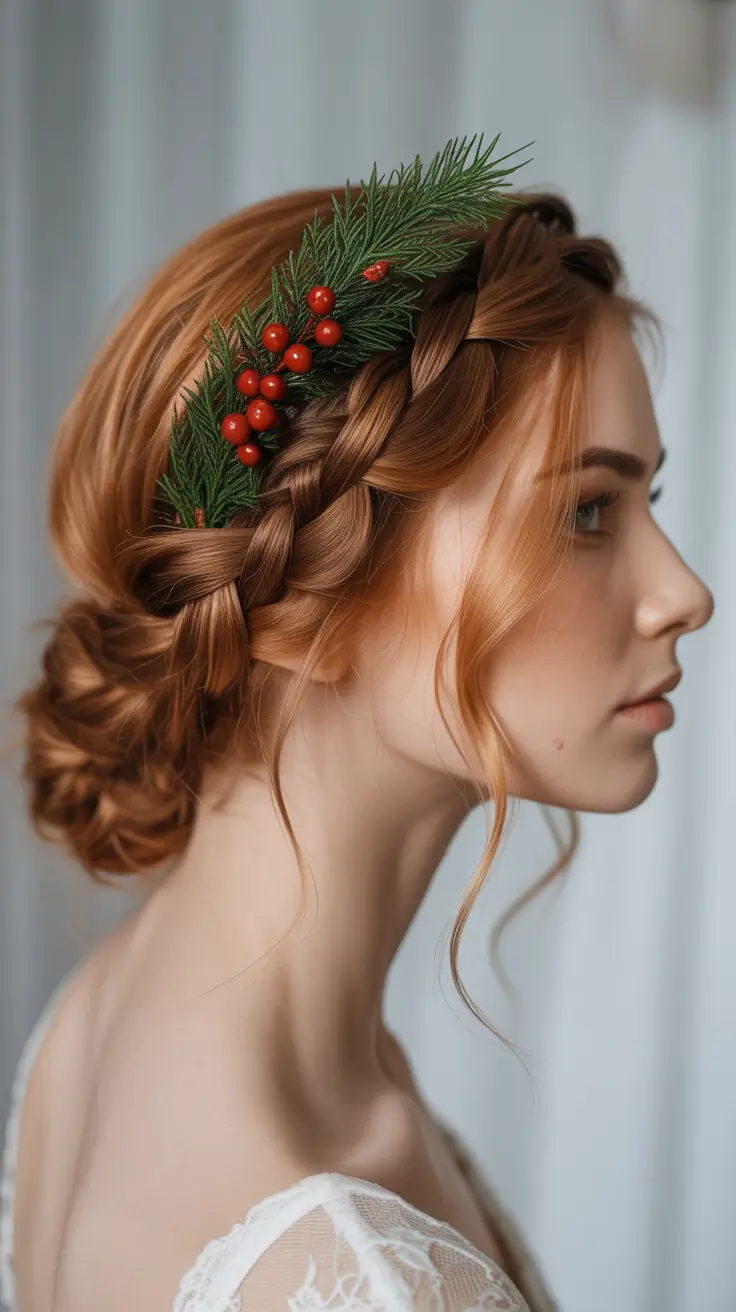 Christmas Hairstyles Trends 2025 - Wrapped Crown Braid With Evergreen Accent
