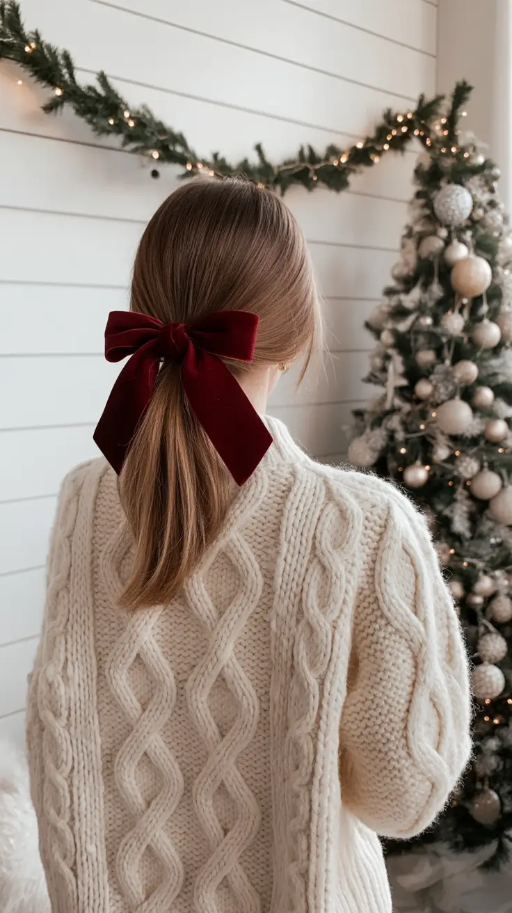 Christmas Hairstyles Trends 2025 - Low Ponytail with Velvet Holiday Bow