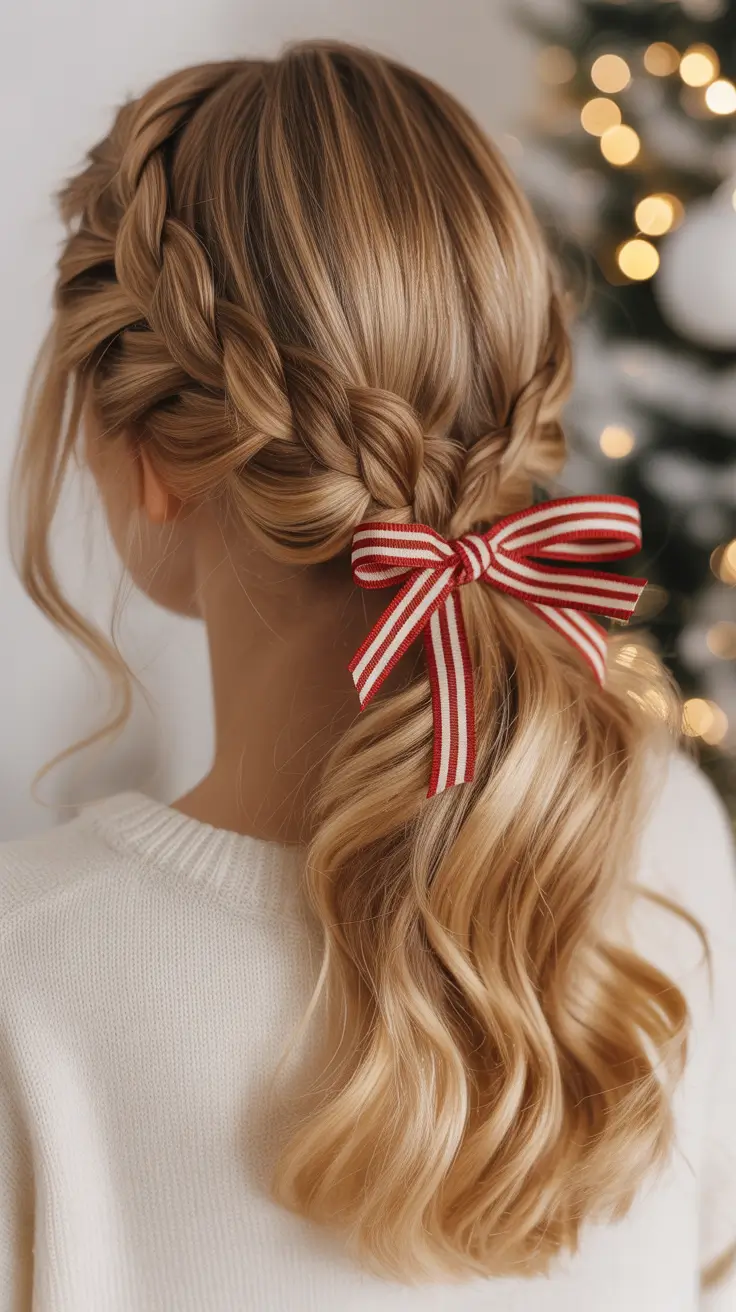 Christmas Hairstyles Trends 2025 - Candy-Cane Ribbon Side Braid Pony