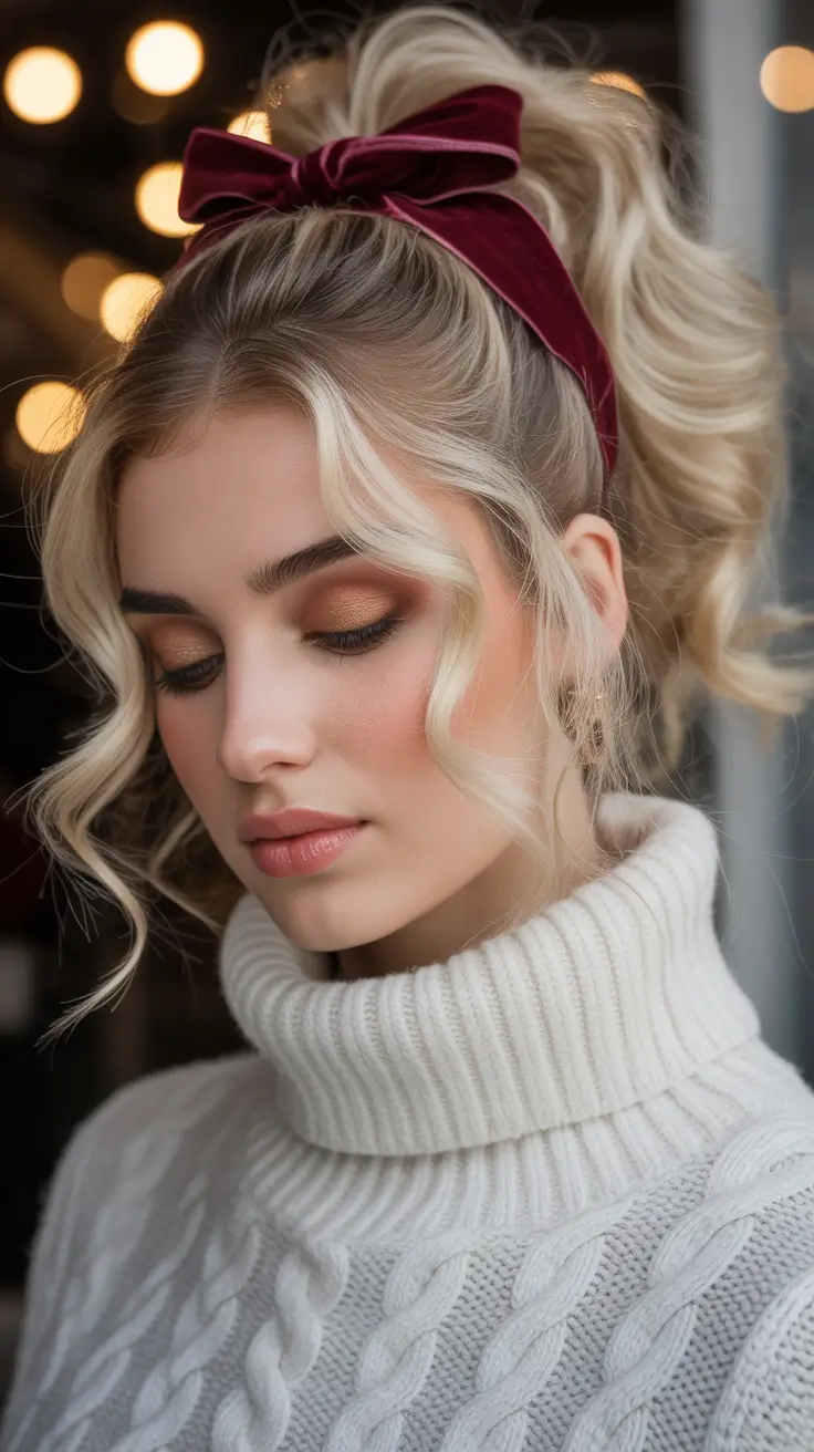 Christmas Hairstyles Trends 2025 - Velvet-Band High Pony with Soft Face-Framing Tendrils