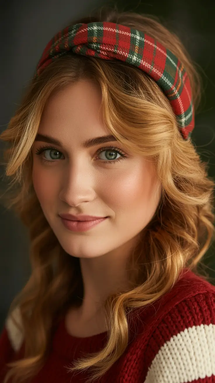 Christmas Hairstyles Trends 2025 - Plaid Headband with Soft Holiday Waves
