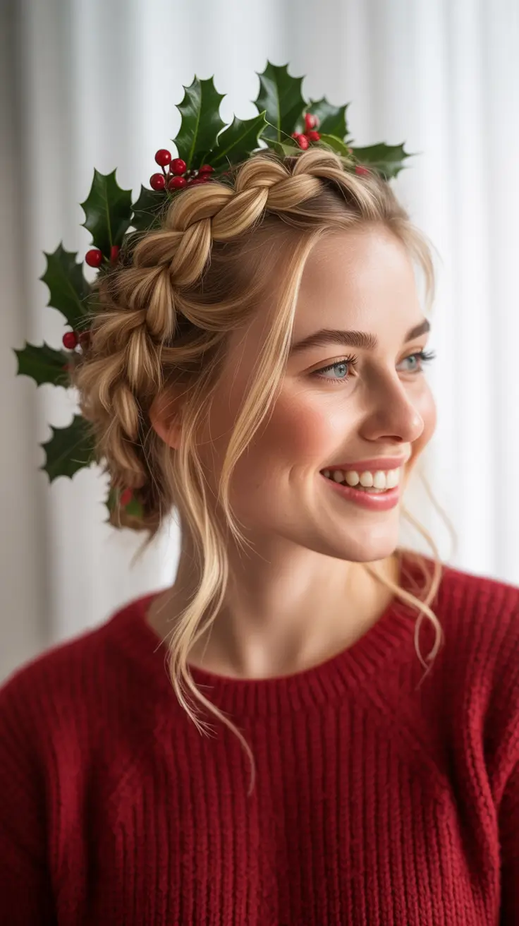 Christmas Hairstyles Trends 2025 - Holly-Crowned Dutch Braid Updo