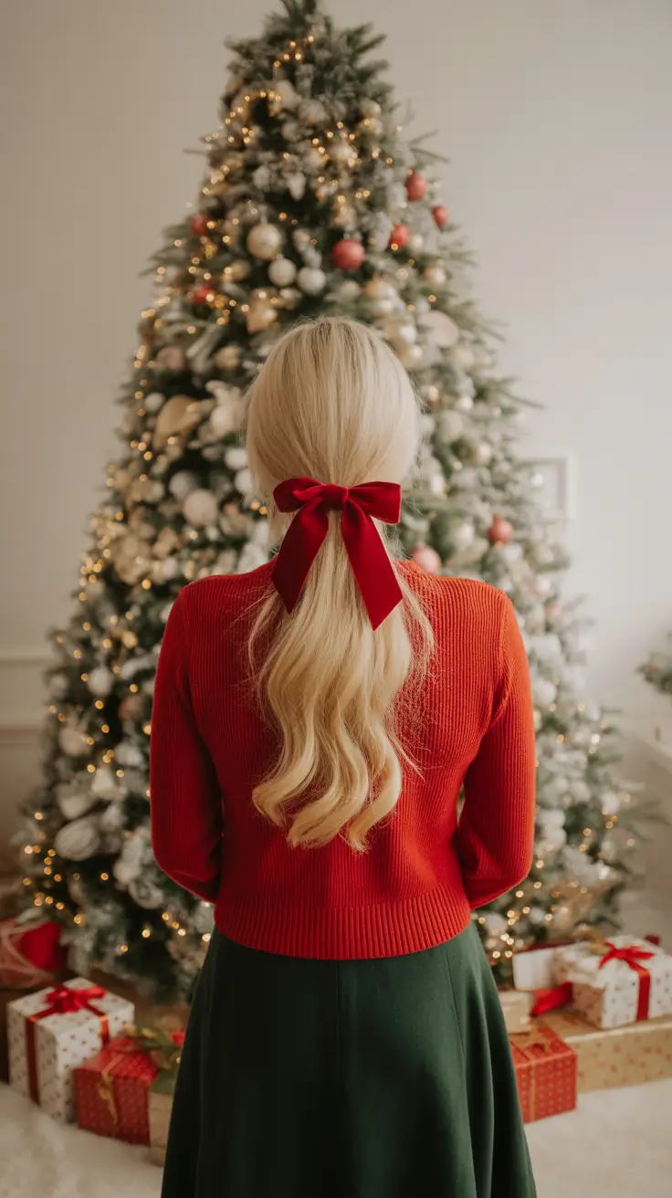 Christmas Hairstyles Trends 2025 - Velvet-Bow Low Pony With Soft Waves
