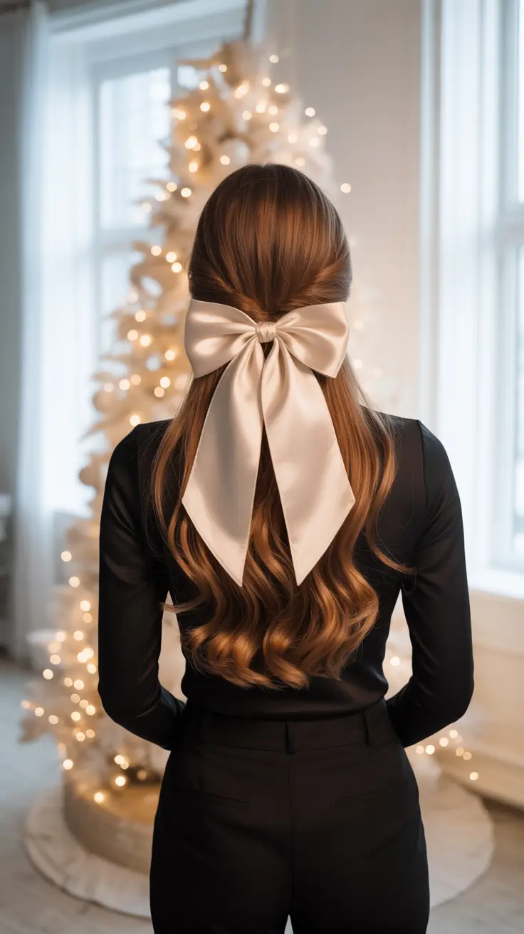 Christmas Hairstyles Trends 2025 - Glossy Half-Up With Oversized Satin Bow