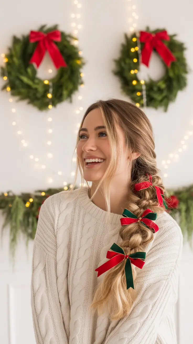 Christmas Hairstyles Trends 2025 - Ribbon-Laced Side Braid With Velvet Minis