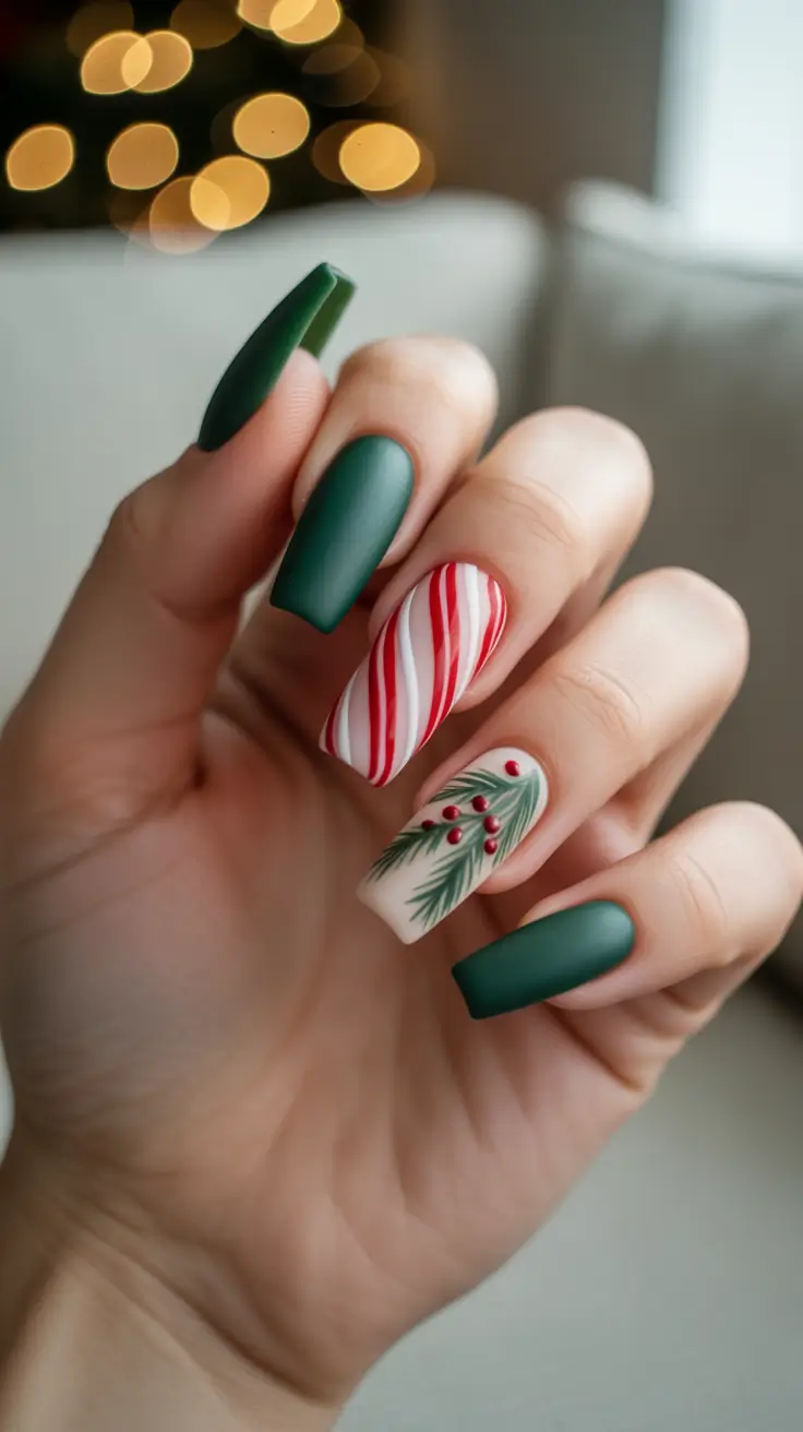 Trendy Christmas Nail Art 2025 - Matte Forest Green With Candy-Cane & Pine Accents