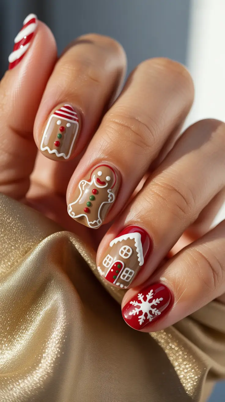 Trendy Christmas Nail Art 2025 - Gingerbread Lane on Short Rounds