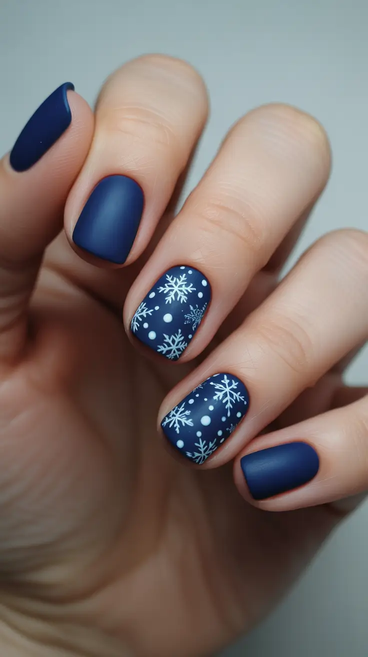Trendy Christmas Nail Art 2025 - Matte Midnight Blue Snowflakes on Shorties