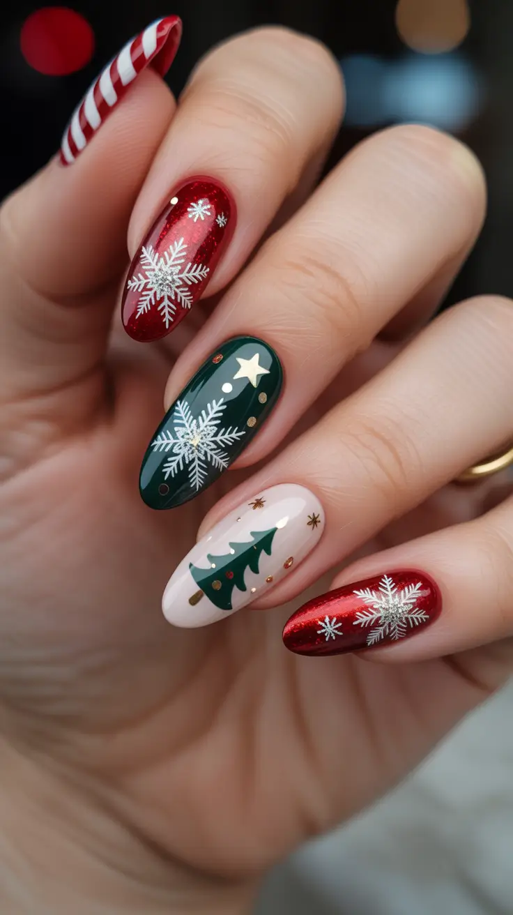 Trendy Christmas Nail Art 2025 - Classic Red-Green Mix with Tree & Candy Cane Accents