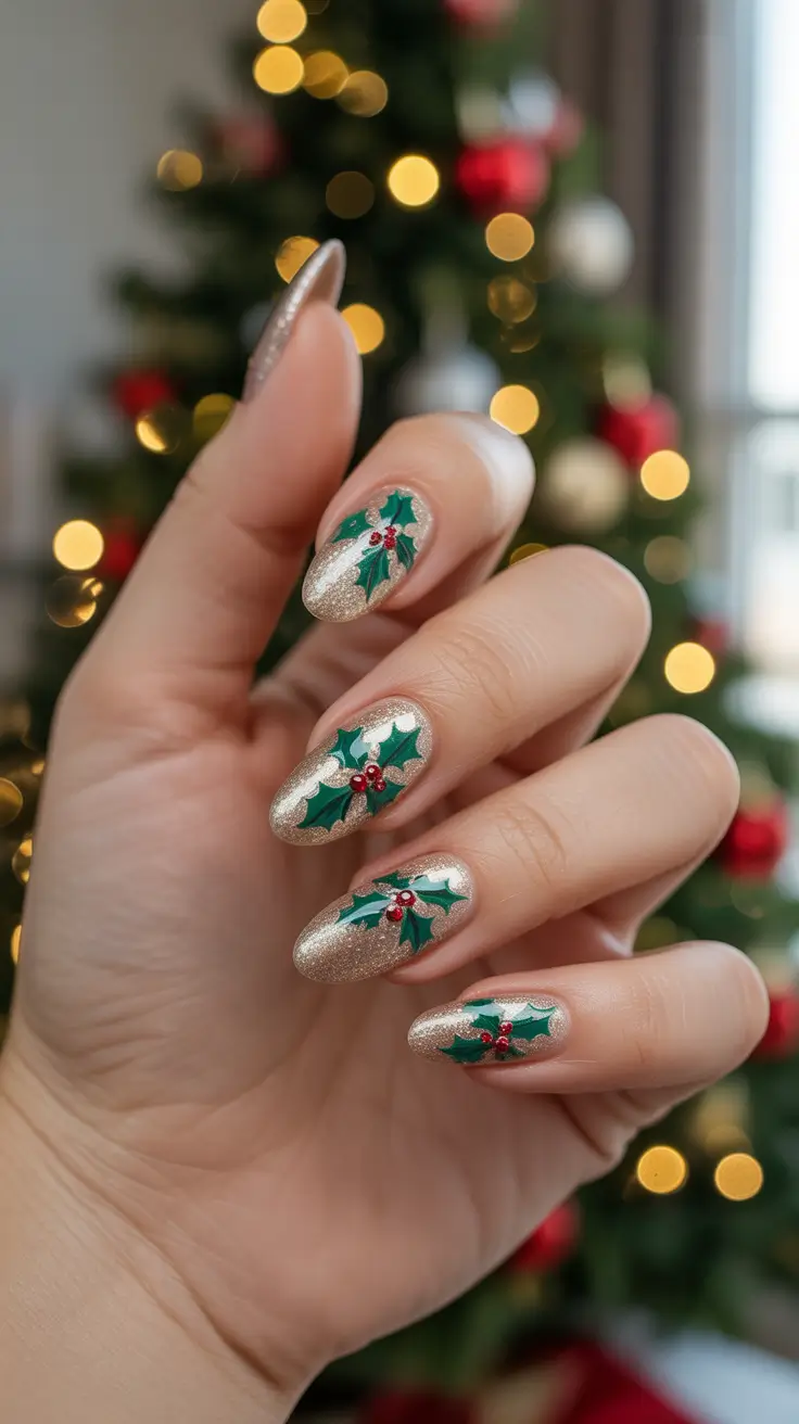 Trendy Christmas Nail Art 2025 - Champagne Glitter with Holly Sprigs