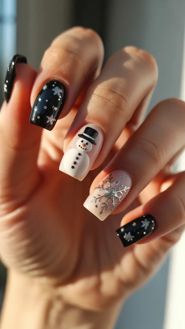 Trendy Christmas Nail Art 2025 - Monochrome Snow Night with 3D Snowman