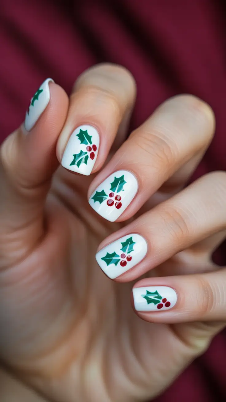 Trendy Christmas Nail Art 2025 - Crisp White Short Nails with Holly Minis