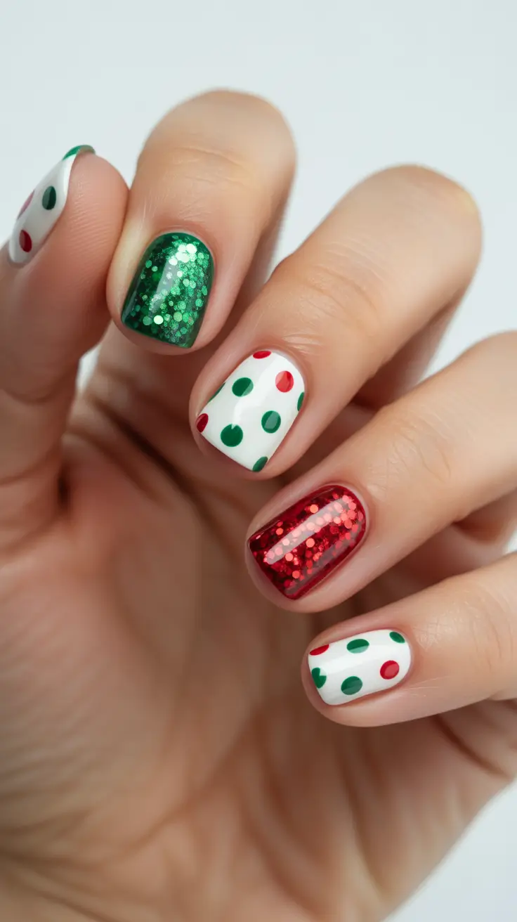Trendy Christmas Nail Art 2025 - Confetti Dots With Red & Green Glitter