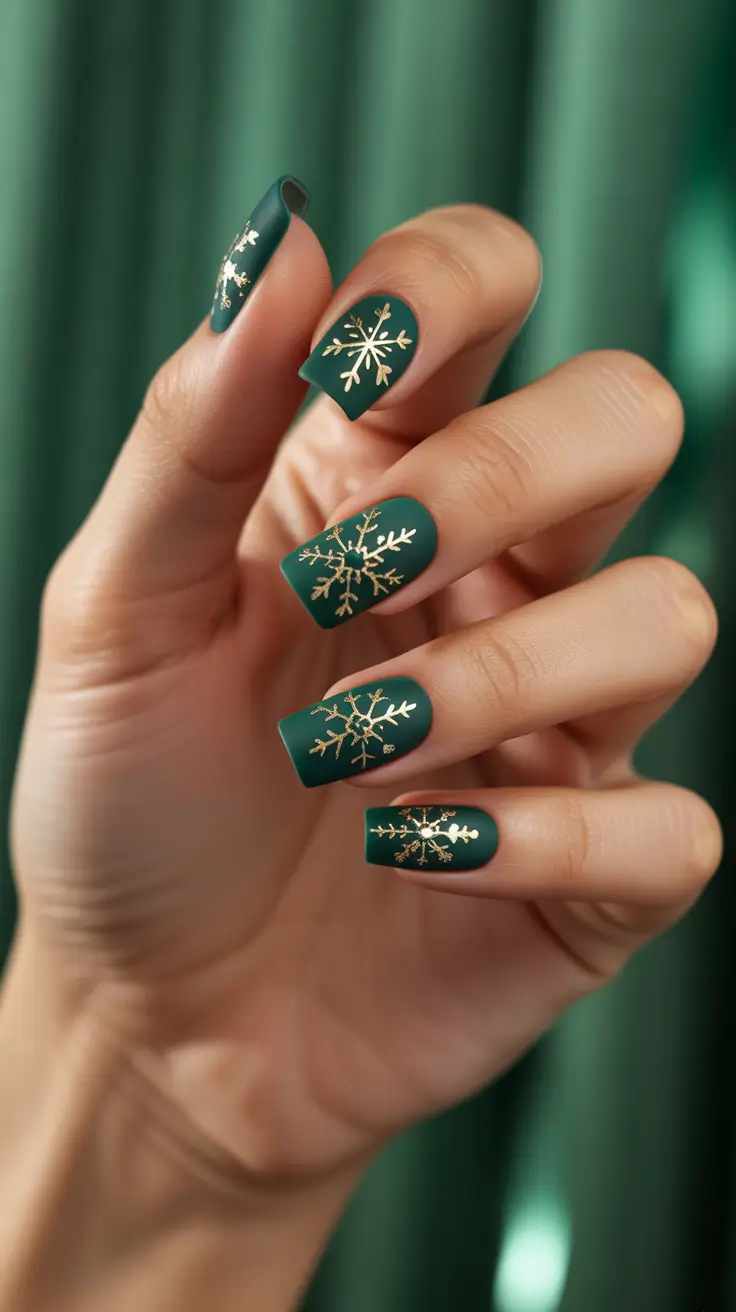 Trendy Christmas Nail Art 2025 - Matte Forest With Gold Snowflakes