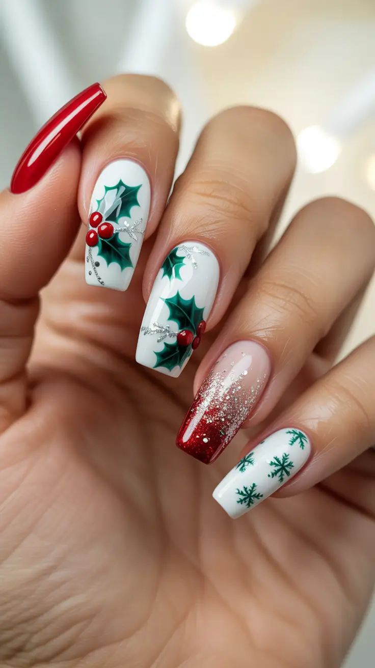 Trendy Christmas Nail Art 2025 - Holly Berries & Red Sparkle French