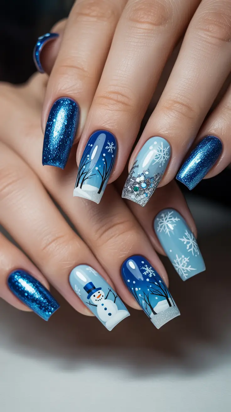Trendy Christmas Nail Art 2025 - Midnight Blue Winter Scene