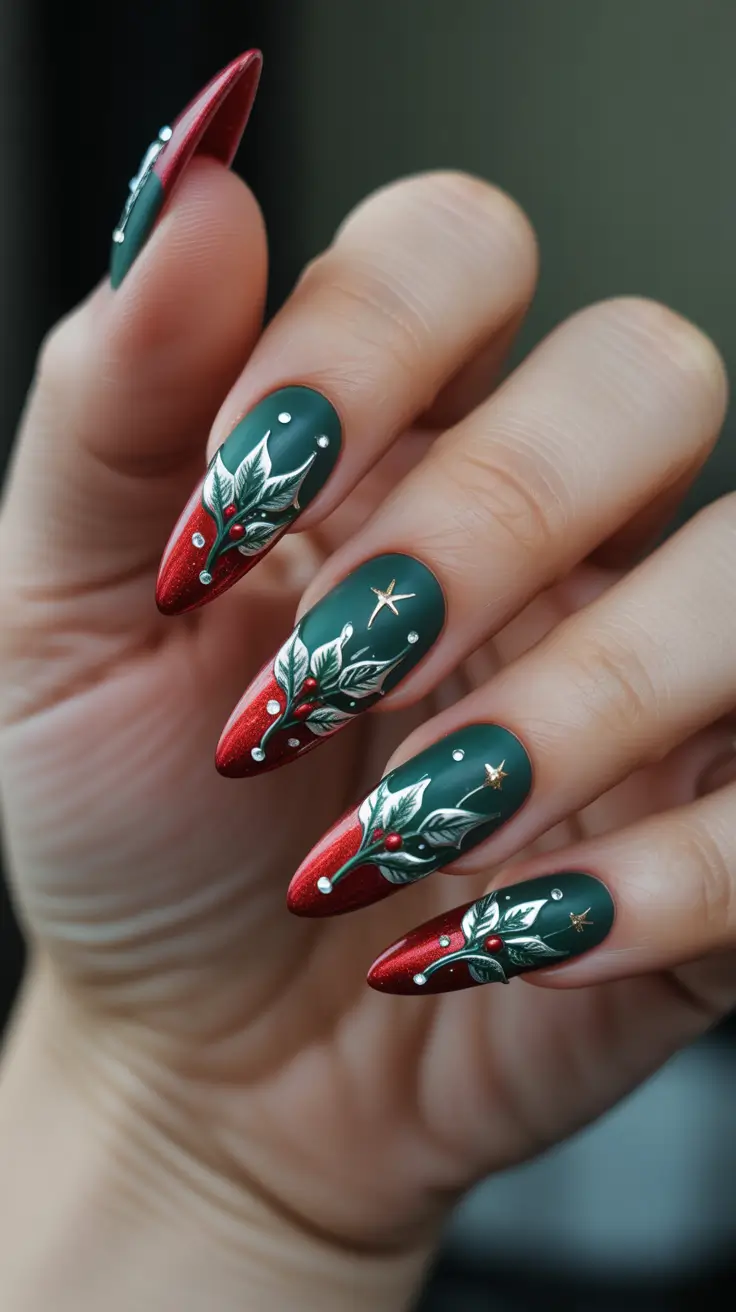 Trendy Christmas Nail Art 2025 - Emerald-to-Ruby Ombre with Hand-Painted Holly