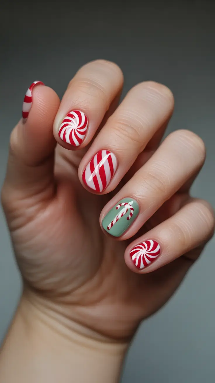 Trendy Christmas Nail Art 2025 - Peppermint Swirl Mix