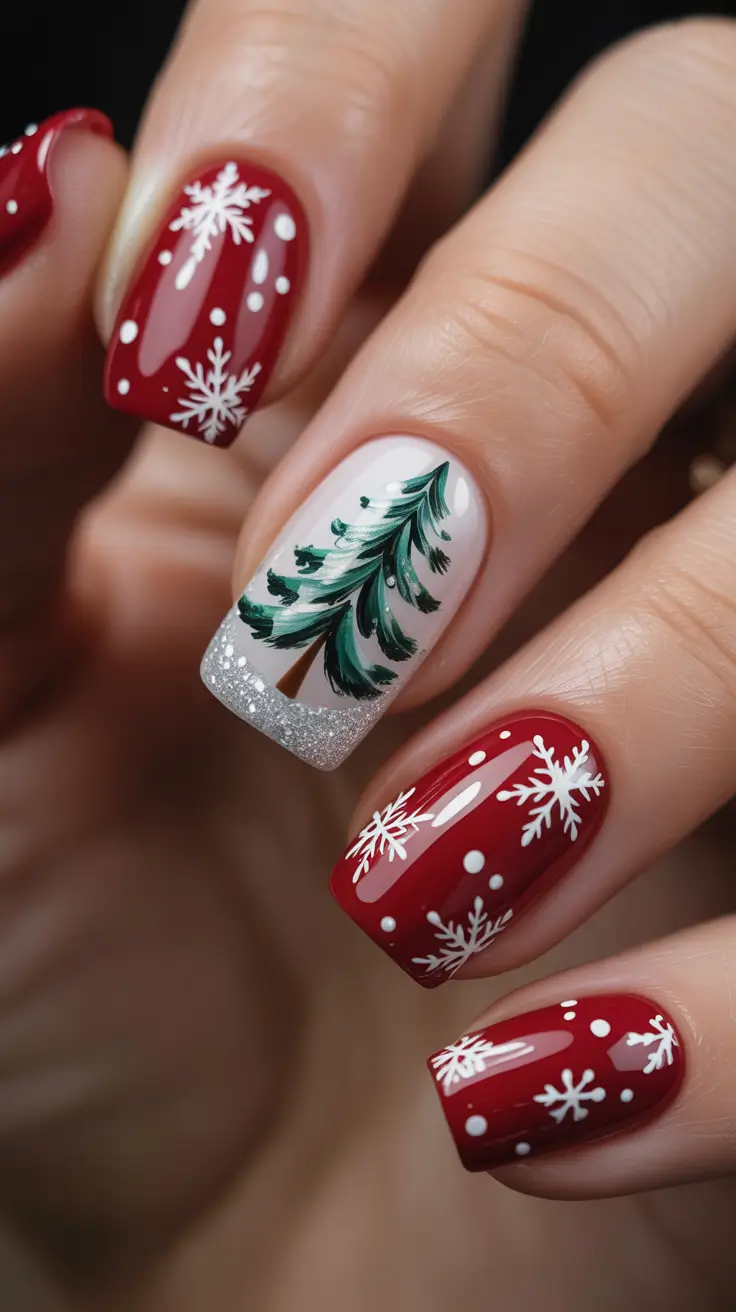 Trendy Christmas Nail Art 2025 - Classic Red Snowflakes With Hand-Painted Tree