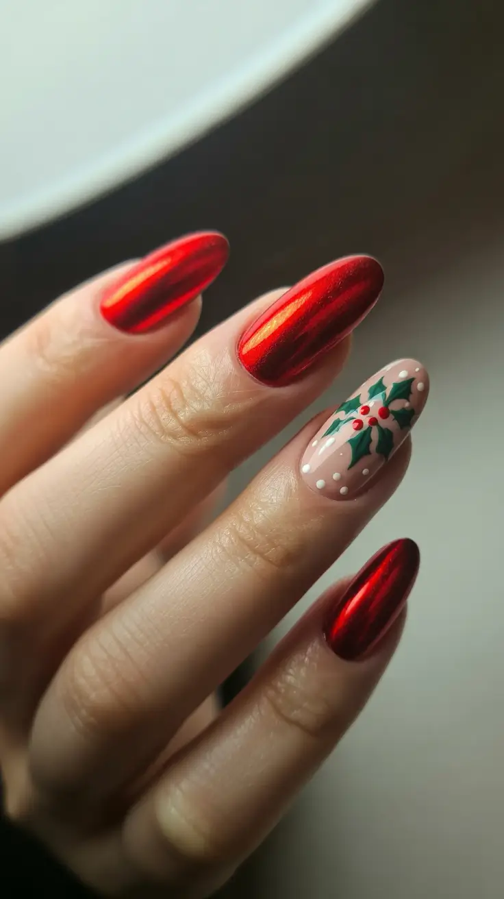 Trendy Christmas Nail Art 2025 - Red Chrome With Minimal Holly Accent