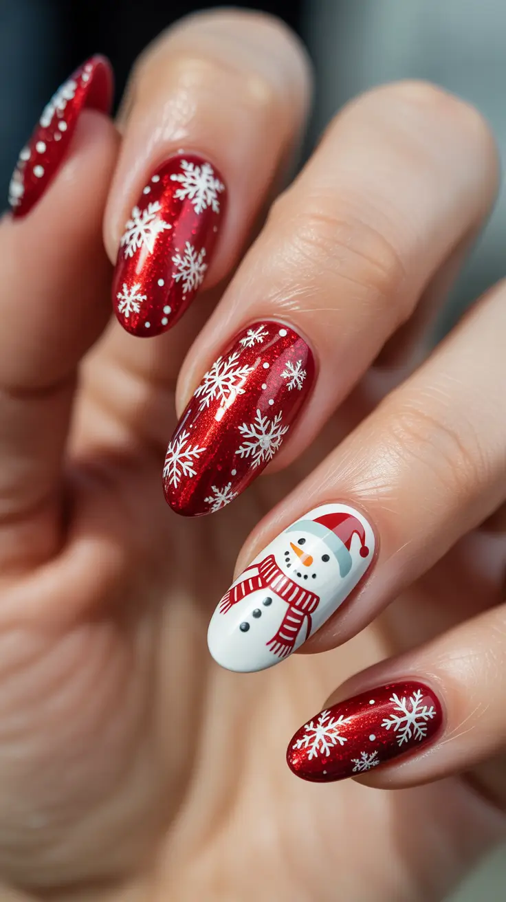 Trendy Christmas Nail Art 2025 - Cherry-Red Snowflakes with Cozy Snowman Accent