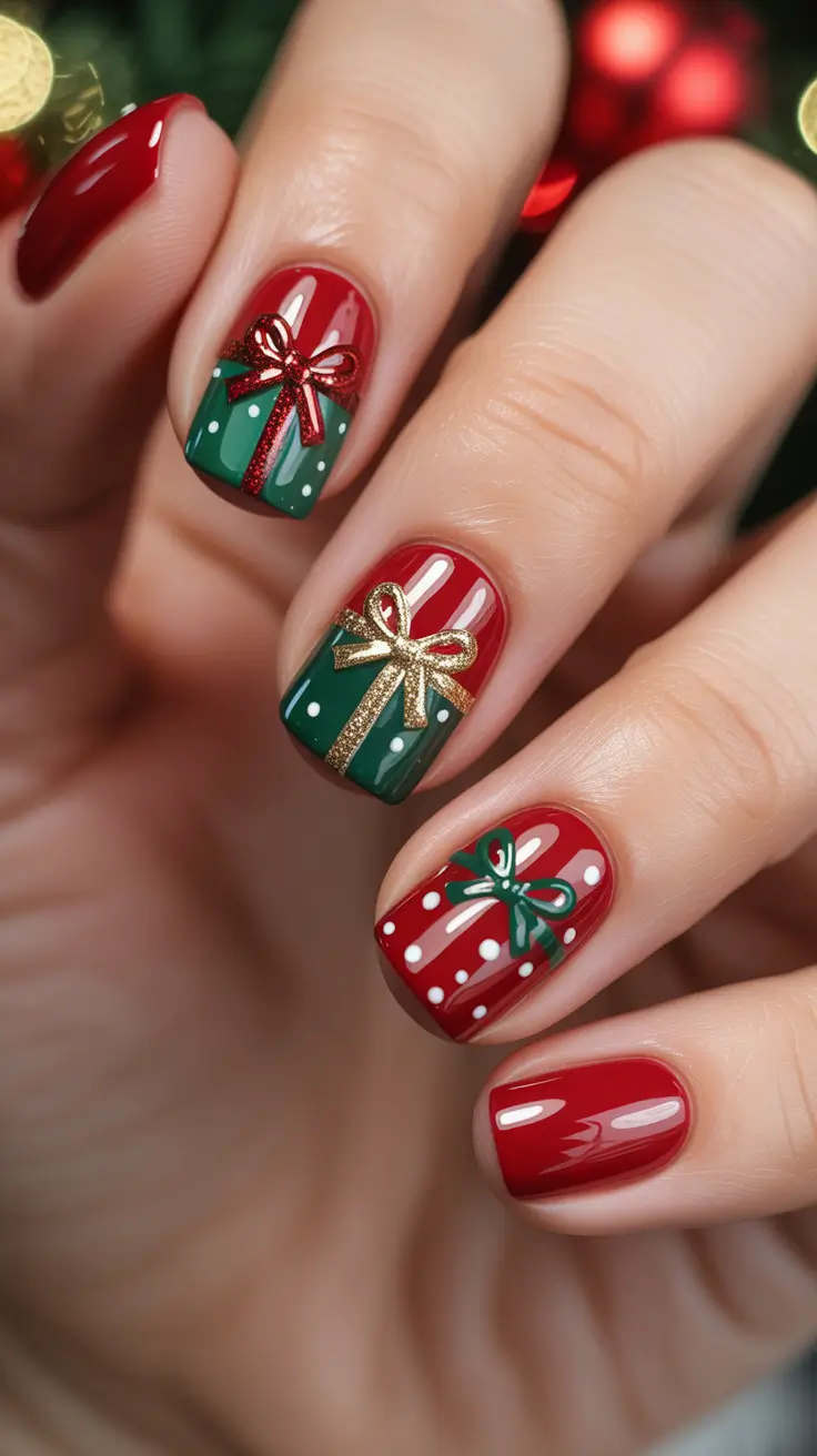 Trendy Christmas Nail Art 2025 - Gift-Box Bows on Short Glossy Squares