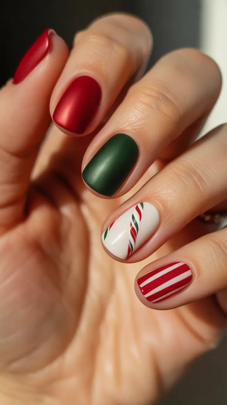 Trendy Christmas Nail Art 2025 - Minimal Matte Mix: Candy Stripes & Solid Holiday Hues