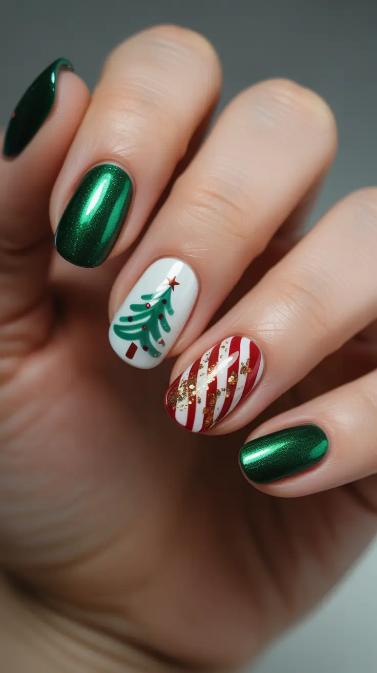 Trendy Christmas Nail Art 2025 - Gleaming Evergreen With Candy-Cane Accents