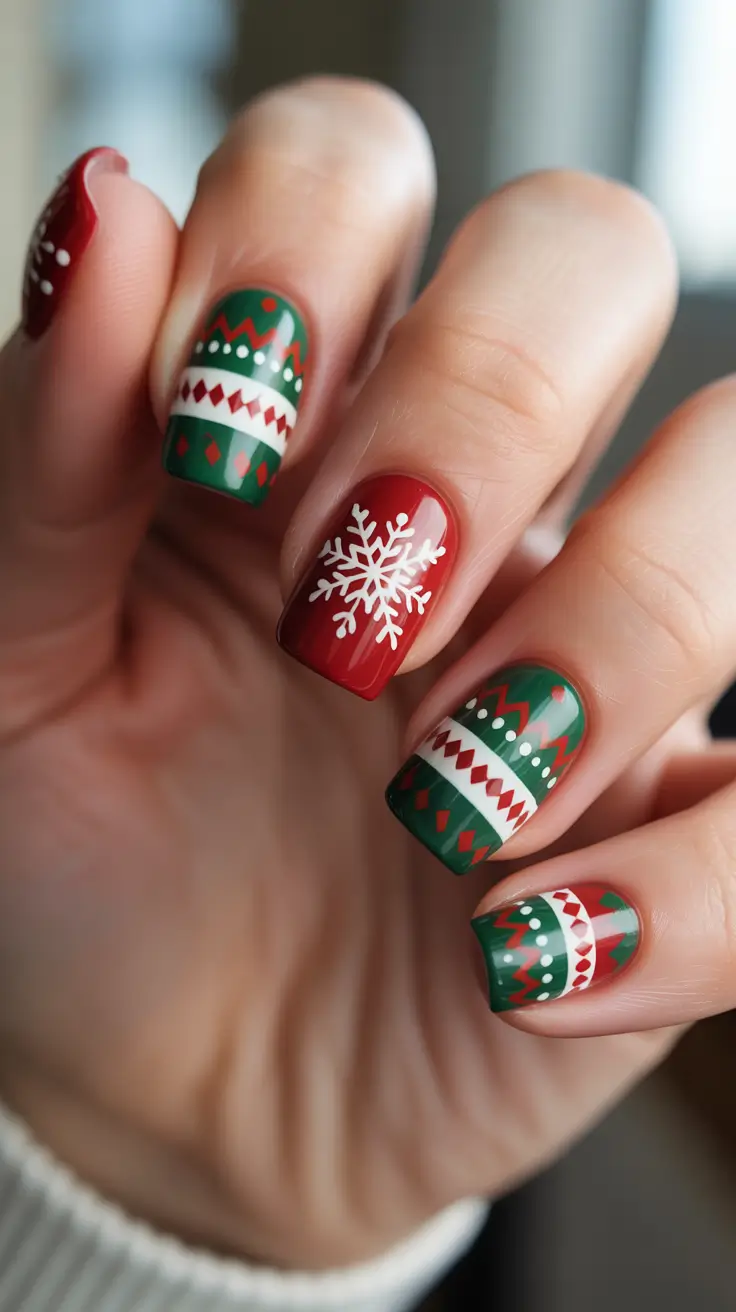 Trendy Christmas Nail Art 2025 - Cozy Fair-Isle Sweater Nails in Red & Green