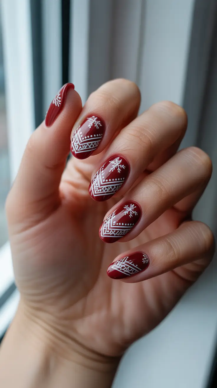 Trendy Christmas Nail Art 2025 - Burgundy Snowflake Chevron Elegance