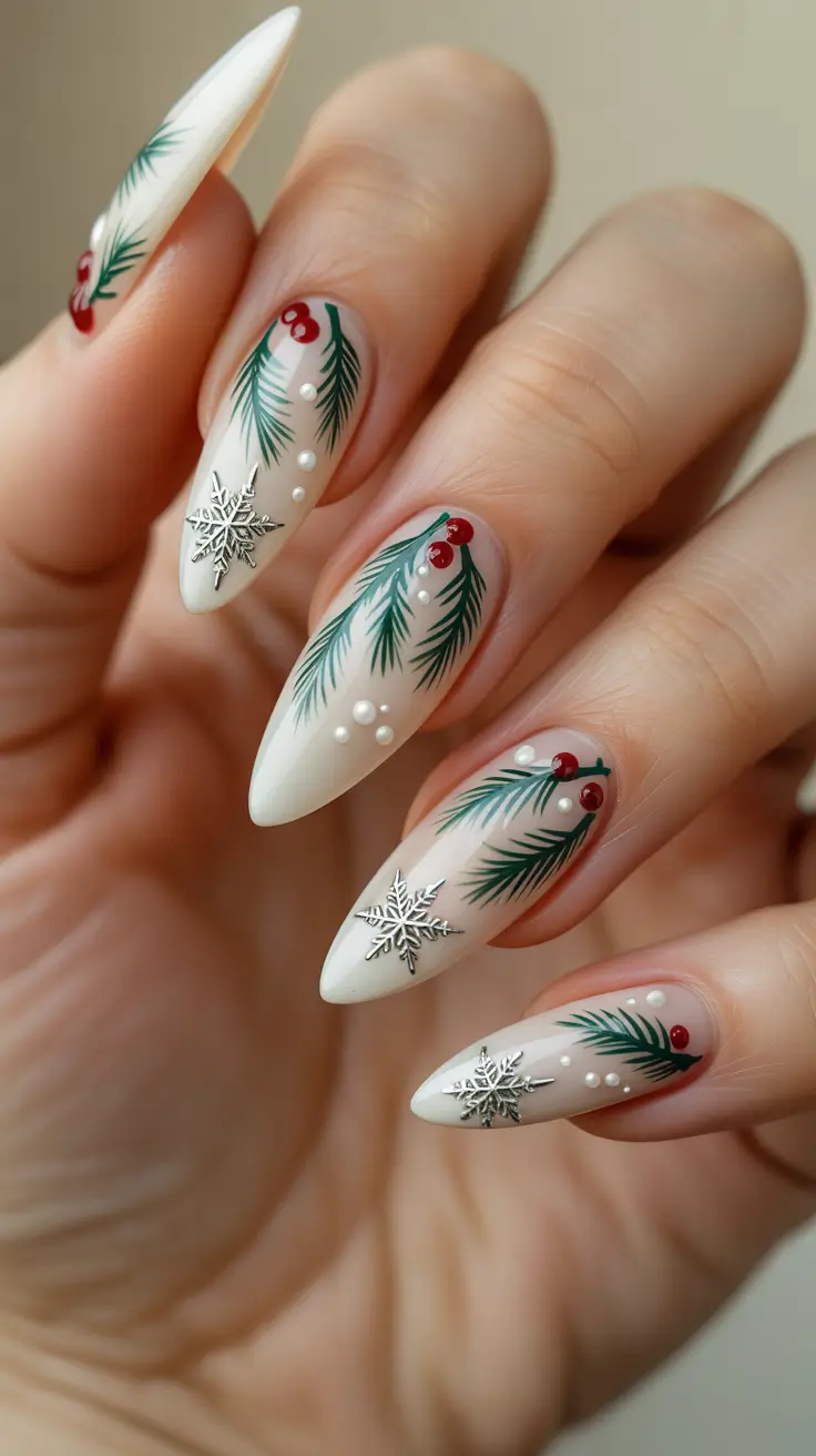 Trendy Christmas Nail Art 2025 - Frosted Fir Sprigs With Pearls & Silver Charms