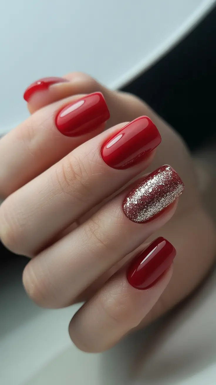 Christmas Nail Color Trends 2025 - Red Velvet With Champagne Sparkle