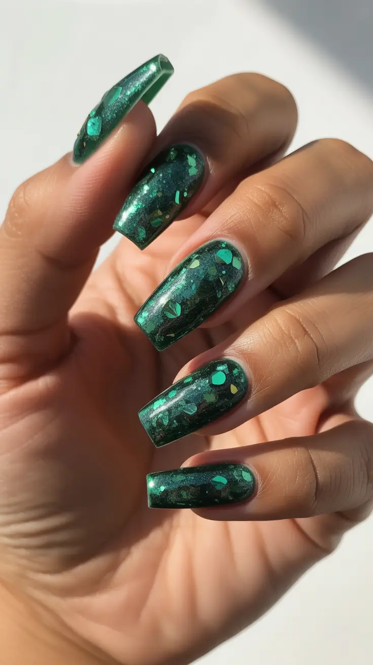 Christmas Nail Color Trends 2025 - Deep Forest Foil Confetti