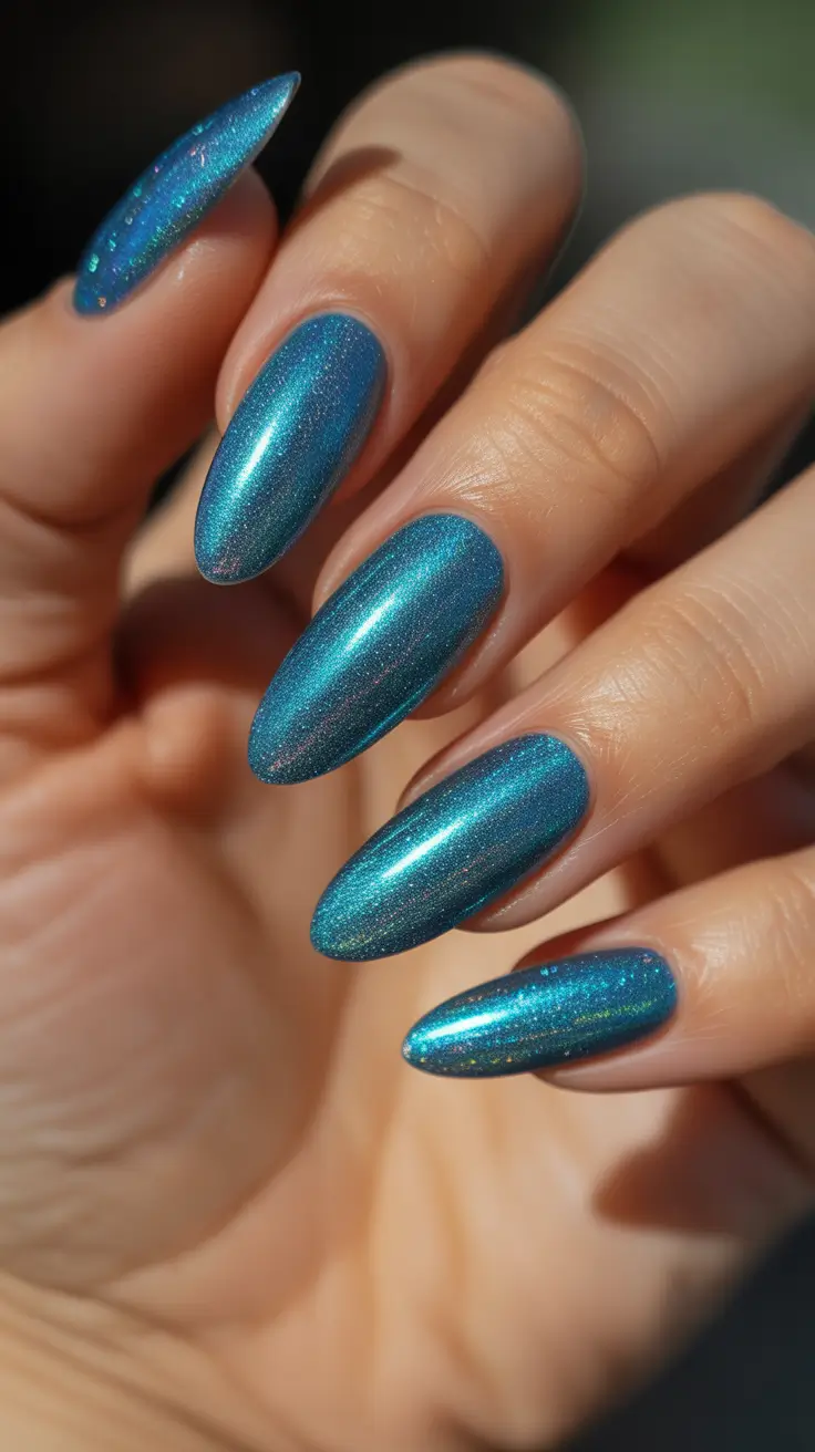 Christmas Nail Color Trends 2025 - Arctic Holo Teal Almonds