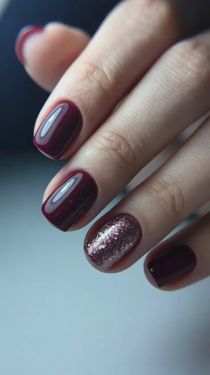 Christmas Nail Color Trends 2025 - Cabernet With Rose-Gold Accent