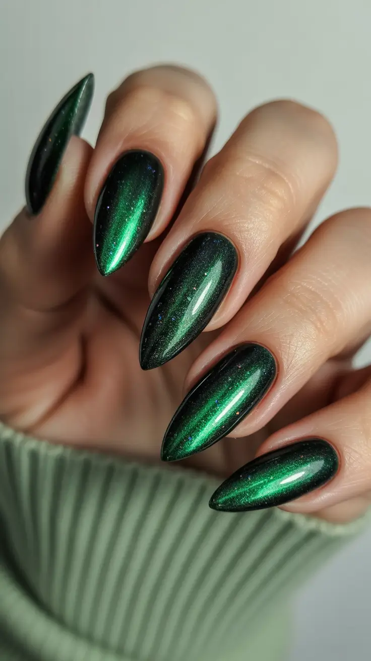 Christmas Nail Color Trends 2025 - Evergreen Cat-Eye Glow