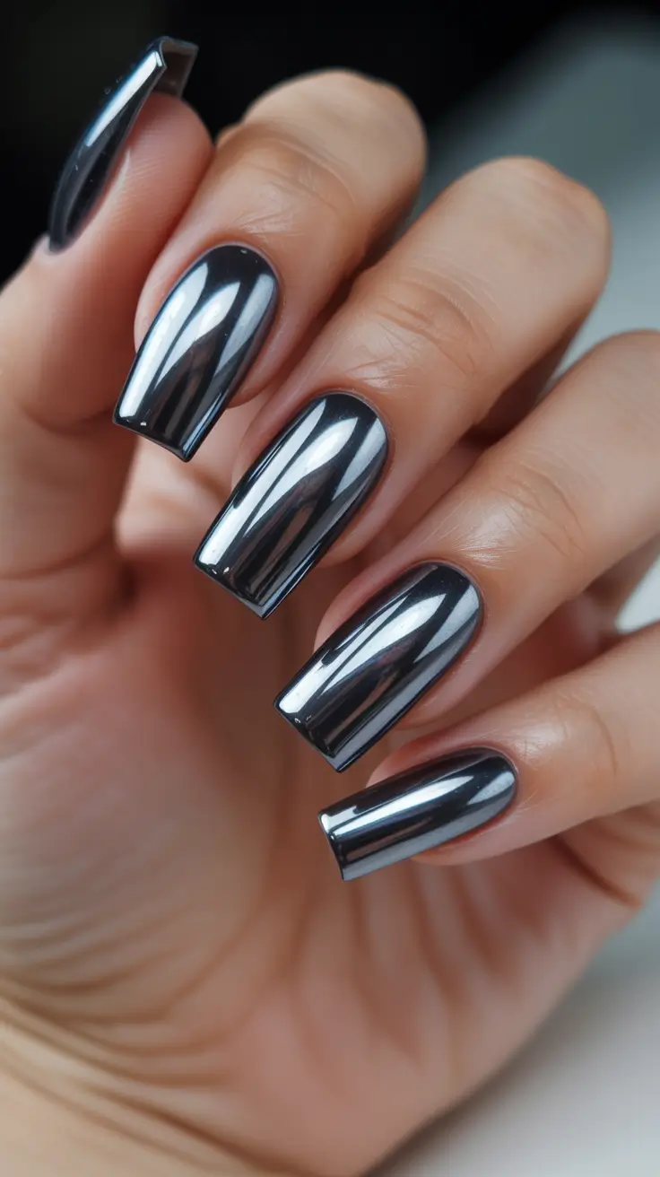 Christmas Nail Color Trends 2025 - Liquid Silver Chrome Squares