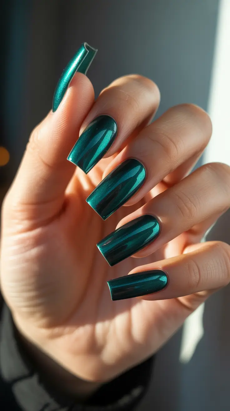 Christmas Nail Color Trends 2025 - Emerald Chrome Squares