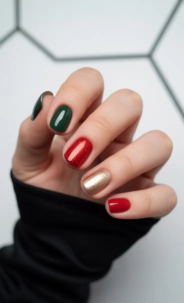 Christmas Nail Color Trends 2025 - Red-Green Mix With Golden Pop