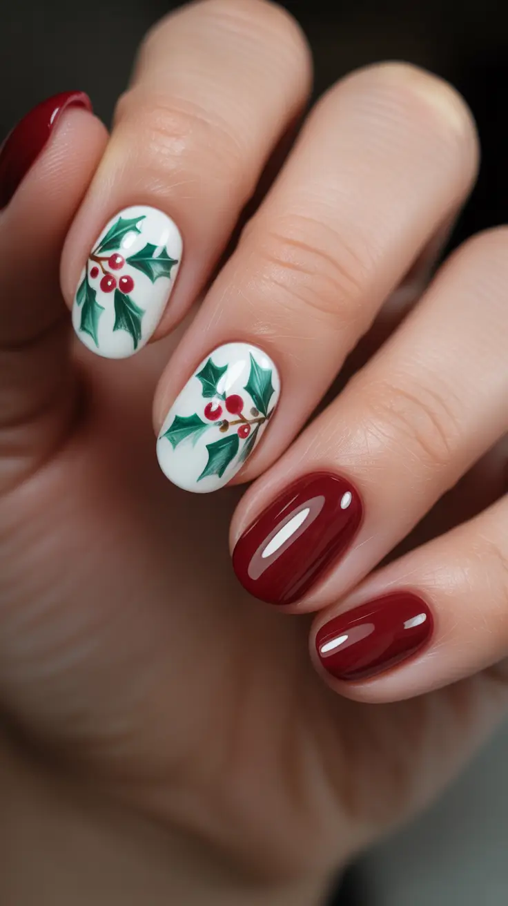 christmas nail designs - Holly-berry Accent With Deep Merlot Shine