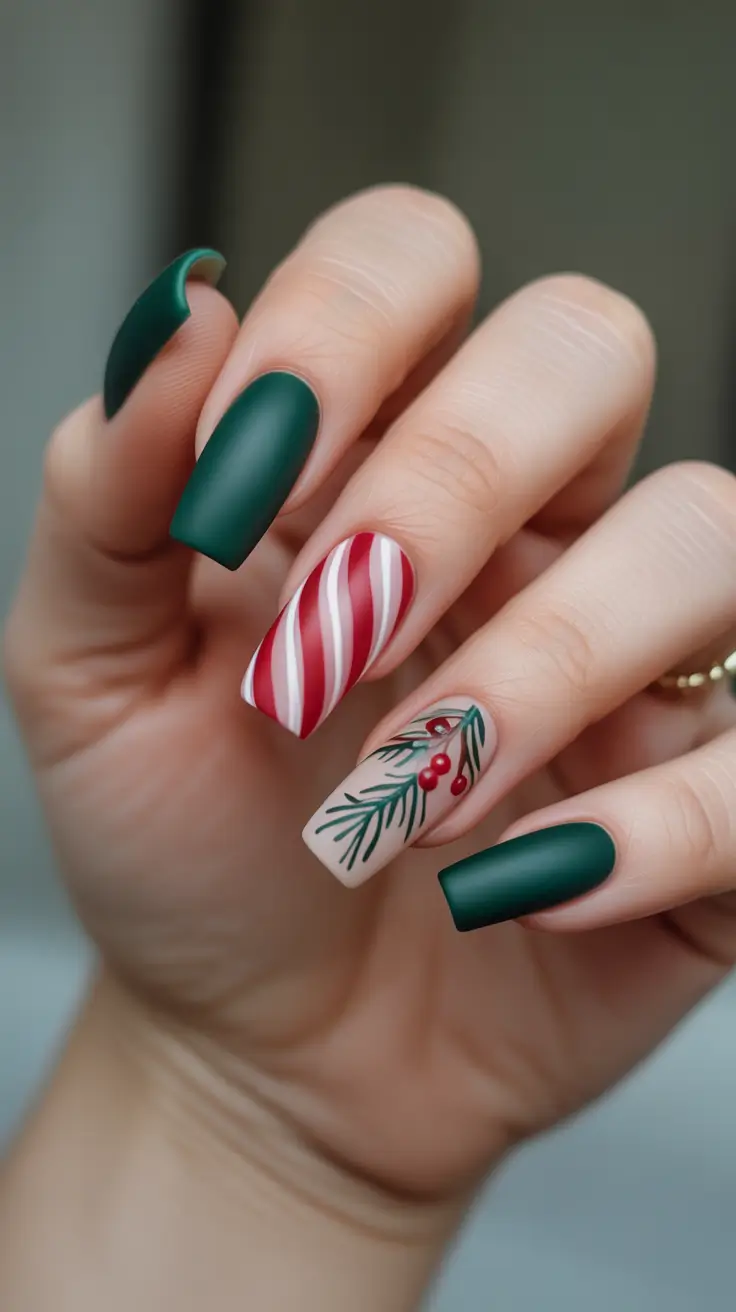 christmas nail designs - Matte Evergreen With Candy-Cane and Pine Detail