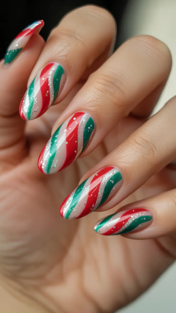 christmas nail designs - Swirled Ribbon Stripes With Micro-Glitter